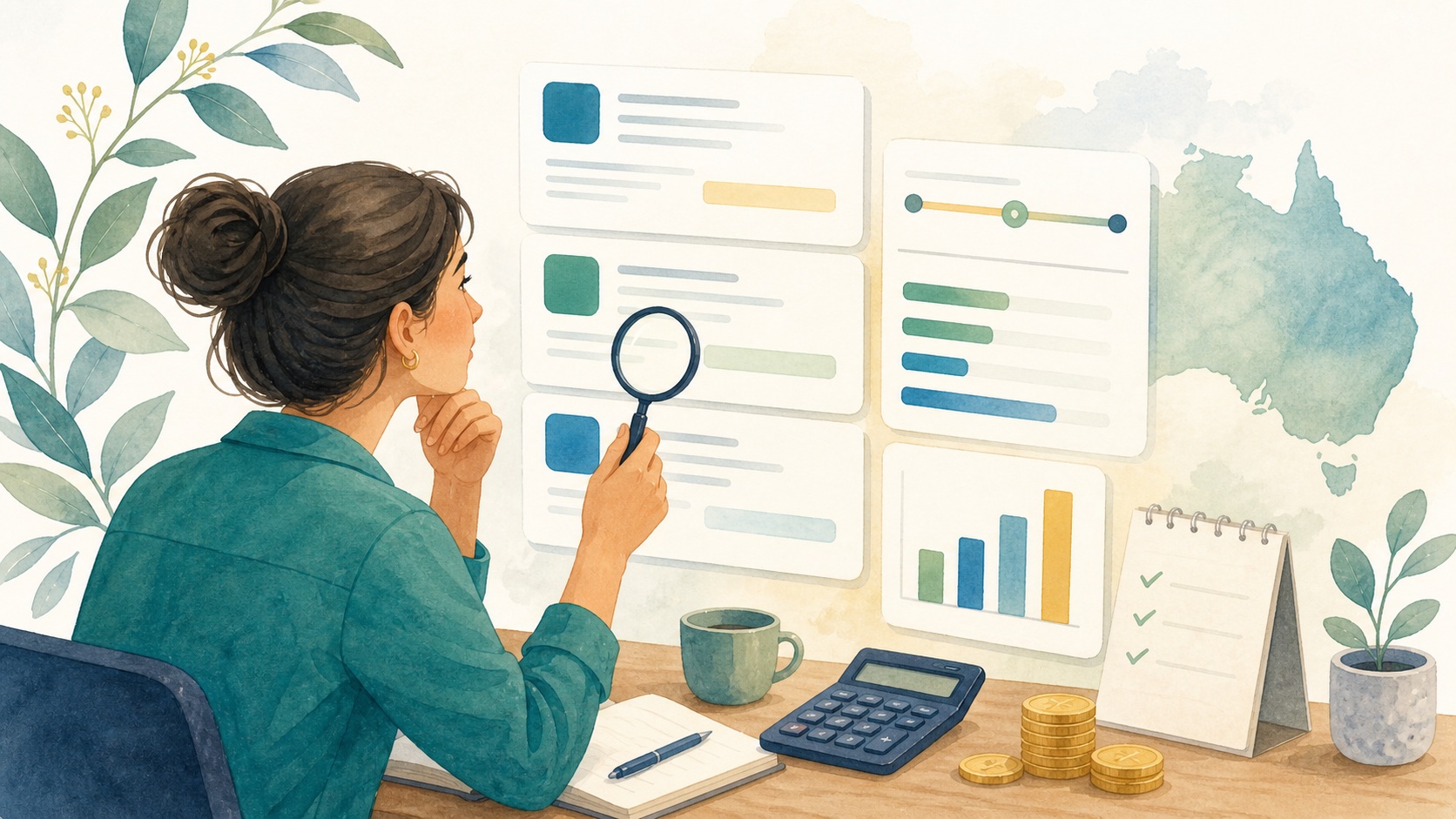 Illustration of salary filters, job comparison, and market salary context for Australian job ads