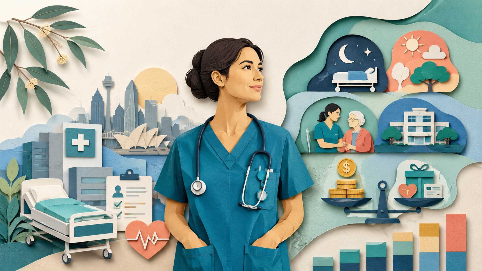 Illustration of registered nurse salary ranges, healthcare job offers, shift work, and salary benchmarks in Australia