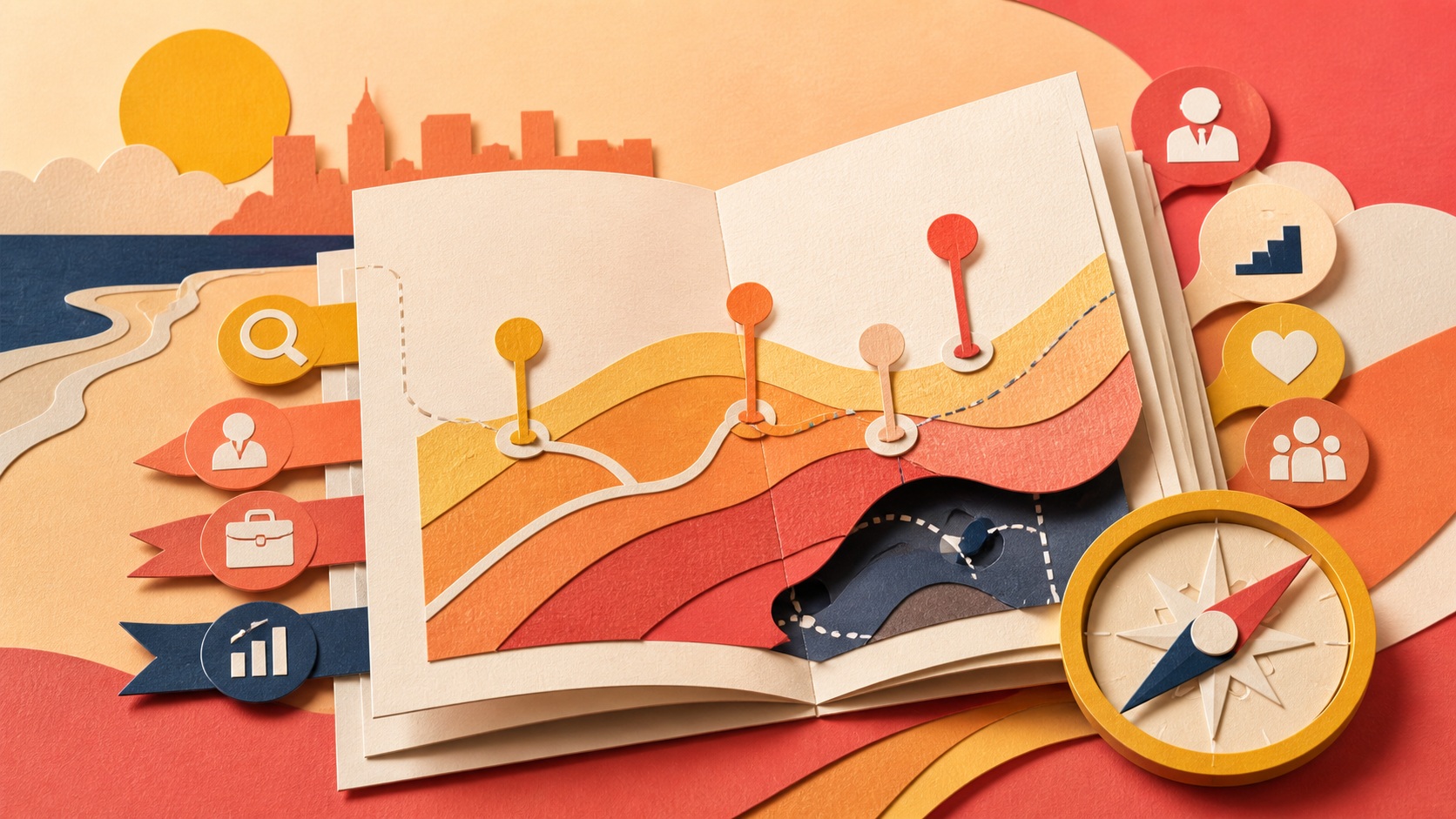 Paper-cut illustration of a salary guide, job search paths, salary markers, and market context for Australian job seekers
