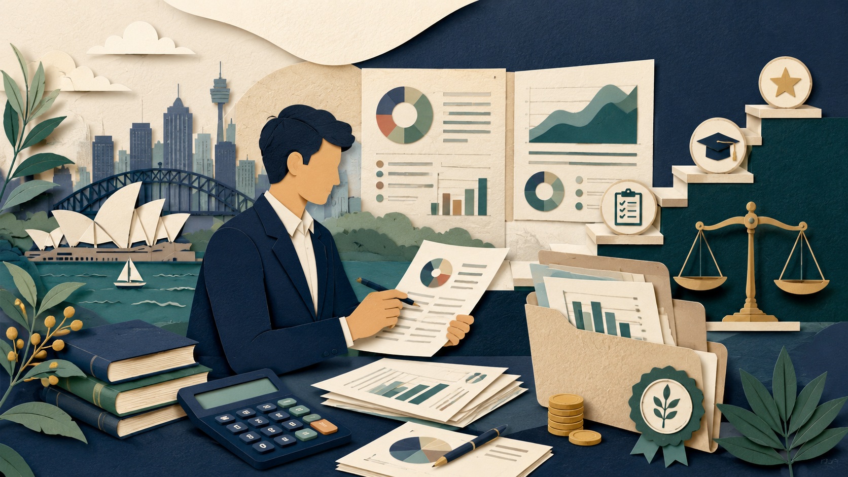 Illustration of accountant salary ranges, finance job offers, reporting work, and salary benchmarks in Australia
